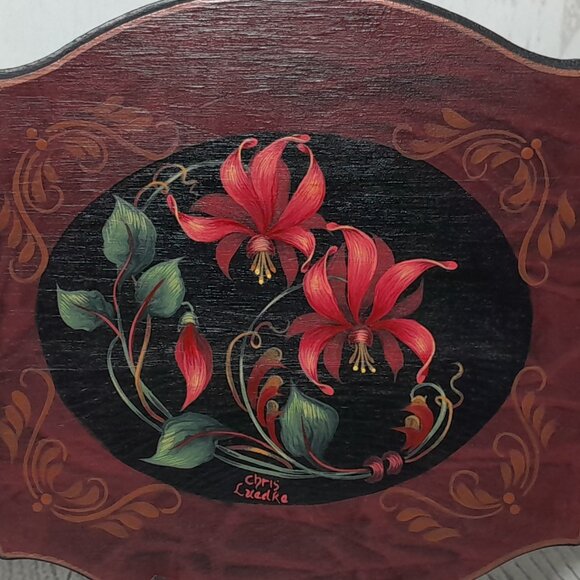 Wood Tray Hand Painted Floral Metal Handles Footed Artist Signed - Picture 5 of 11